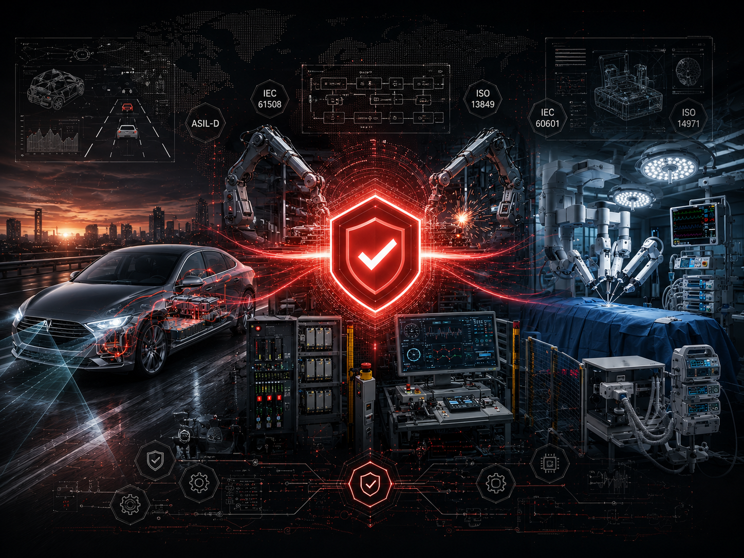 A high-tech isometric diagram combining three industries: Automotive, Industrial, and Medical, connected by glowing data lines representing integrated functional safety architecture.